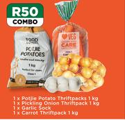 1xPotjie Potato Thriftpacks 1Kg,1xPickling Onion Thriftpack 1Kg,1xGarlic Sock Combo