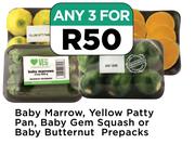 Baby Marrow, Yellow Patty Pan, Baby Gem Squash Or Baby Butternut Prepacks-For 3