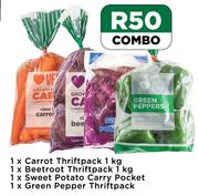Carrot Thriftpack 1Kg, Beetroot Thriftpack 1Kg, Sweet Potato Carry Pocket, Green Pepper Combo