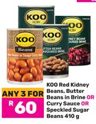 Koo Red Kideney Beans,Butter Beans In Brine Or Curry Sauce Or Speckled Sugar Beans-For 3 x 410g