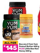 2 x Yum Yum Peanut Butter 400g Plus Little Bee Raw Honey 500g-All For