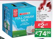 Spar UHT Long Life Milk (Full Cream 2% Or Fat Free)-6 x 1Ltr Per Pack