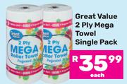 Great Value 2 Ply Mega Towel (Single Pack)-Each