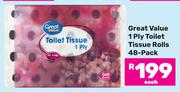 Great Value 1 Ply Toilet Tissue Roll-48's Pack