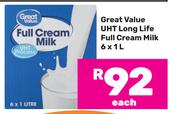 Great Value UHT Long Life Full Cream Milk-6 x 1Ltr