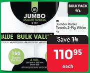 M Jumbo Roller Towels 2 Ply White-4's