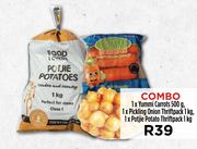 1 x Yummi Carrots 500g, 1 x Pickling Onion Thriftpack 1Kg, 1 x Potjie Potato Thriftpack 1Kg-Combo