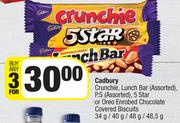 Cadbury Crunchie, Lunch Bar, PS, 5 Star Or Oreo Enrobed Chocolate Biscuits-For Any 3 x 34g/40g/48g