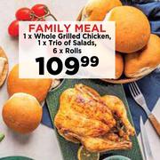 Family Meal: 1 x Whole Grilled Chicken, 1 x Trio Of Salads, 6 x Rolls