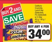 Cadbury Crunchie,Lunch Bar(Selected),P.S(Selected) Or 5 Star-For Any 4 x 40g/48g/48.5g