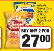 Willards Cheese Curls(Selected) Or Flings Original Maize Snack-Fo Any 2 x 150g