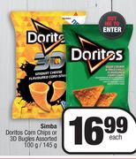 Simba Doritos Corn Chips or 3D Bugles Assorted-100g/ 145g Each