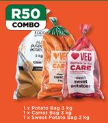 1 x Potato Bag 3Kg, 1 x Carrot Bag 3Kg, 1 x Sweet Potato Bag 2Kg-Combo