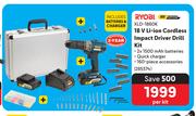 Ryobi 18V Li-Ion Cordless Impacr Driver Drill Kit XLD-1860K-Per Kit