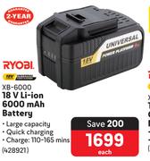 Ryobi 18V Li-Ion 6000 mAh Battery XB-6000-Each