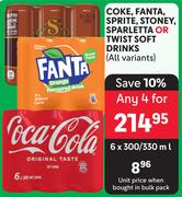 Coke, Fanta, Sprite, Stoney Sparletta Or Twist Soft Drinks (All Variants)-For Any 4 x 6 x 300/330ml