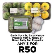 Garlic Sock 2s,Baby Marrow Prepack 400g, Yellow Or Green Patty Pan Prepacks-For Any 3