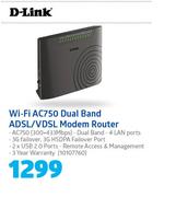 D-Link Wifi AC750 Dual Band ADSL/VDSL Modem Router