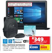 Dell Inspiron Notebook Including Laptop Bag, Wireless Mouse  & Corel Office Software