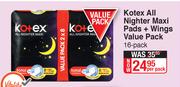 Kotex All Nighter Maxi Pads + Wings Value Pack 16 Pack-Per Pack