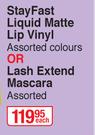 Yardley London Stay Fast Liquid Matte Lip Vinyl Assorted Colours Or Lash Extend Mascara Assorted-Eac