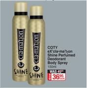 Coty eX'cla.mation Shine Perfumed Deodorant Body Spray-150ml Each