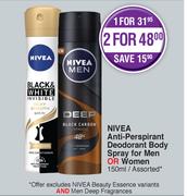 Nivea Anti-Perspirant Deodorant Body Spray For men Or Women Assorted-150ml Each