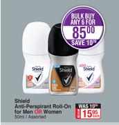 Shield Anti-Perspirant Roll-On For Men Or Women Assorted-For Any 6 x 50ml Each