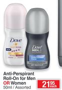 Dove Anti-Perspirant Roll-On For Men Or Women Assorted-50ml Each