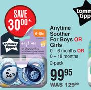 Tommee Tippee Anytime Soother For Boys Or Girls 0-6 Months Or 0-18 Months- 2 Pack