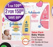 Johnson's  Value Pack Baby Wipes Extra Sensitive 4 x 56 Wipes Or Gentle All Over 4 x 72 Wipes- For 1
