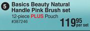 12 Piece Plus Pouch Basics Beauty Natural Handle Pink Brush Set-Per Set