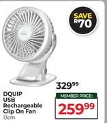Dquip USB Rechargeable Clip On Fan-13cm