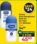 Sanex Anti-Perspirant Roll-on For Men Or Women-For 2 x 50ml