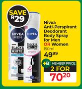 Nivea Ani-Perspirant Deodorant Body Spray For Men Or Women-For 2 x 150ml