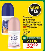 Shower To Shower Anti-Perspirant Roll-On For Men or Women-For 2 x 50ml