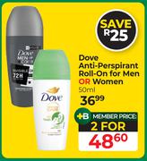 Dove Anti-Perspirant Roll-On For Men Or Women-For 2 x 50ml