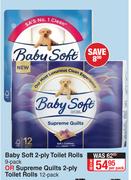 Baby Soft 2 Ply Toilet Rolls 9 Pack Or Supreme Quilts 2 Ply Toilet Rolls 12 Pack-Per Pack