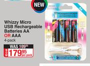 Whizzy Micro USB Rechargeable Batteries AA Or AAA-4 Per Pack