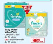 Pampers Baby Wipes Value Pack Complete Clean 4 x 64 Wipes Or Sensitive Protect 4 x 56 Wipes-Per Pack