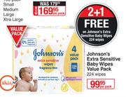 Johnson's Extra Sensitive Baby Wipes Value Pack (224 Wipes)-Per Pack