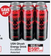 USN Qhush Energy Drink Assorted-6 x 500ml Per Pack 