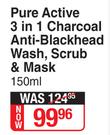 Garnier Pure Active 3 In 1 Charcoal Anti Blackhead Wash, Scrub & Mask-150ml