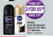 Nivea Ant-Perspirant Roll-On For Men Or Women Assorted-For 3 x 50ml