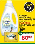 Sunlight Baby Auto & Handwash Liquid 1.5Ltr Plus Free Laundry Soap Bar 250g