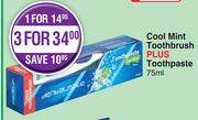 Dentalmate Cool Mint Toothbrush + Toothpaste 75ml-For 1