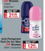 Shower To Shower Anti Perspirant Roll On For Men Or Women Assorted-50ml Each