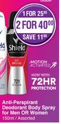 Shield Anti Perspirant Deodorant Body Spray For Men Or Women Assorted-For 2 x 150ml