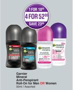 Garnier Mineral Anti Perspirant Roll On For Men Or Women Assorted-For 1 x 50ml 