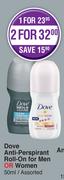 Dove Anti Perspirant Roll On For Men Or Women Assorted-For 1 x 50ml 